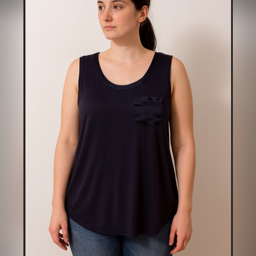 POL Navy Blue Satin Trim Sleeveless Tank Top NWT Large